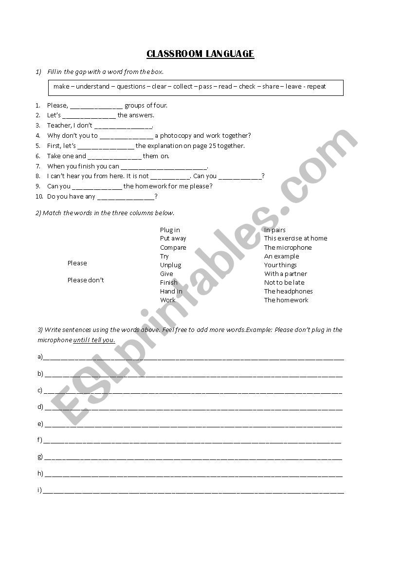 Classroom Language worksheet