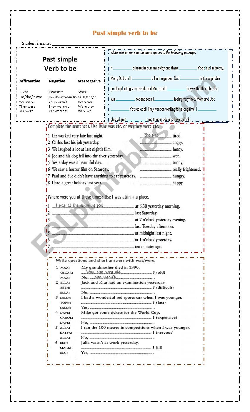 past verb to be worksheet