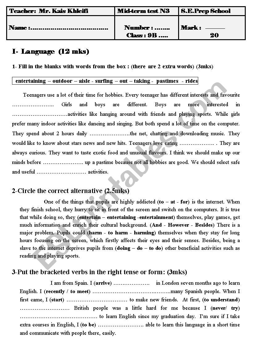 mid term test 3 9th form worksheet