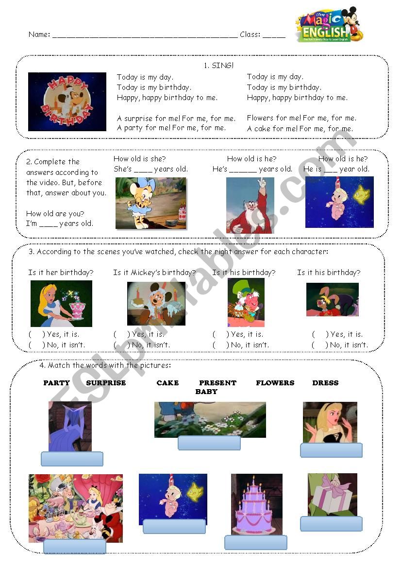DisneyÂ´s Magic English Happy Birthday Worksheet