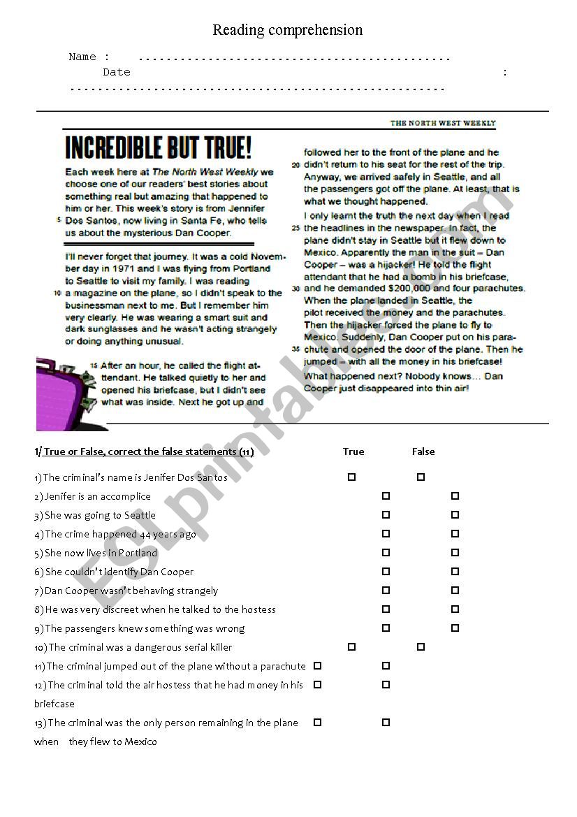 crime newspaper article worksheet