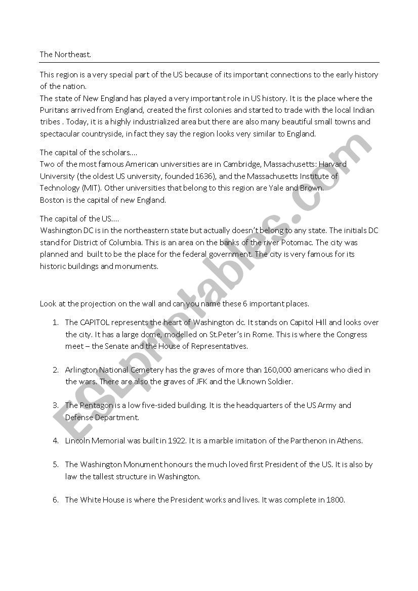 the NorthEast of the USA worksheet