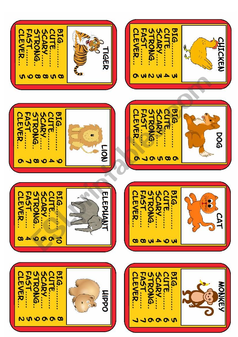 Simple Animal Top Trumps Game Set 1 of 6, 8 Cards, adjectives. 