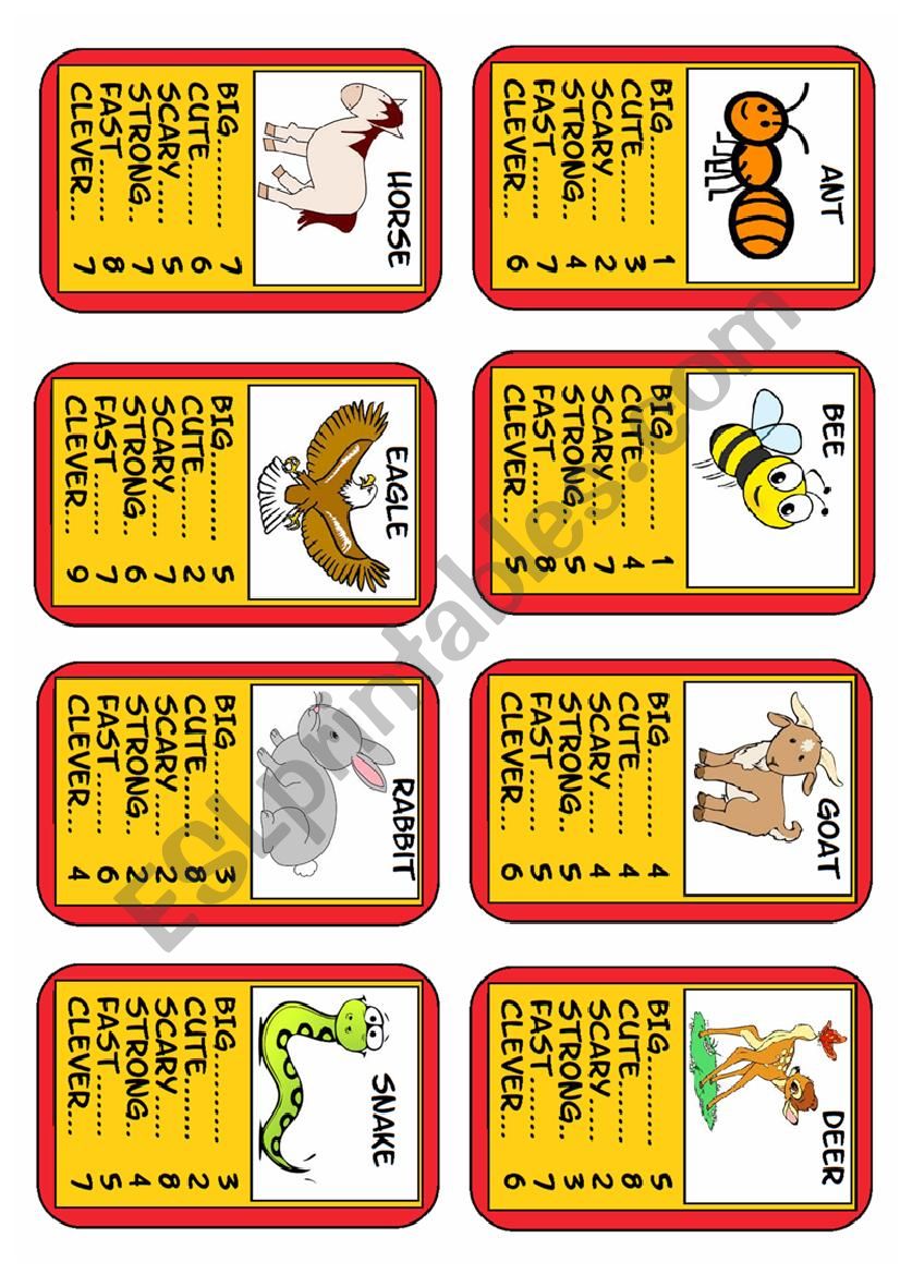 Animal Top Trumps Set 3 of 6, 8 Cards. Simple adjectives. 