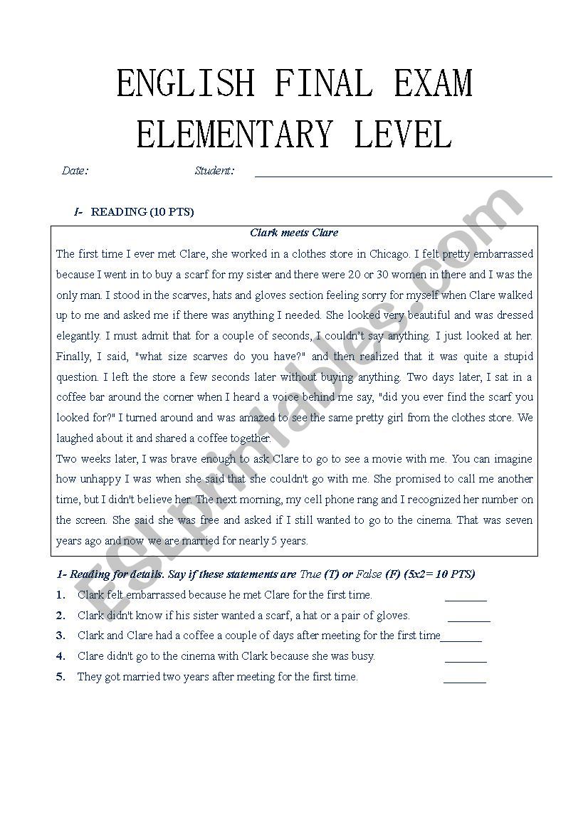 ENGLISH FINAL EXAM-ELEMENTARY LEVEL