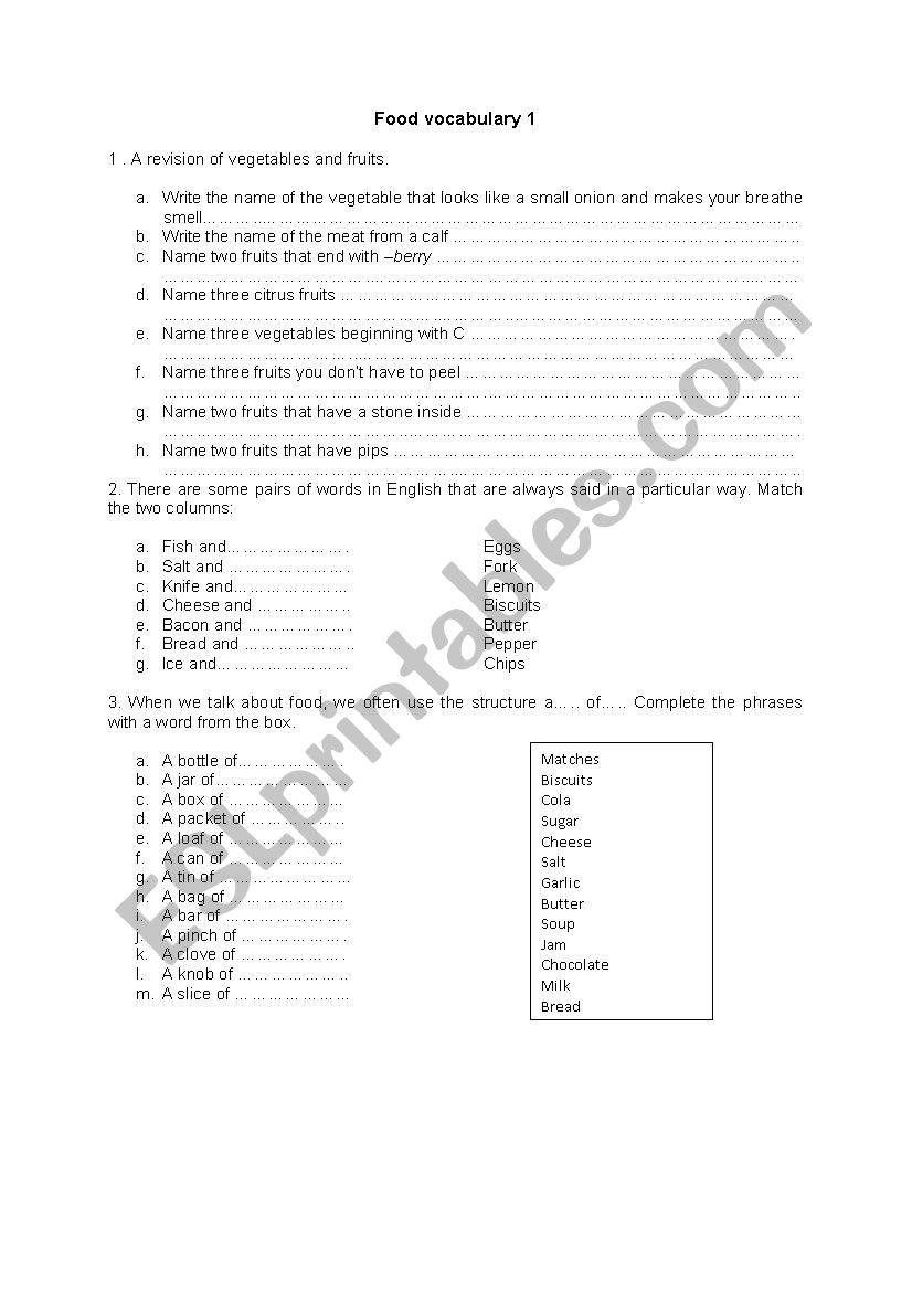 A revision on food worksheet
