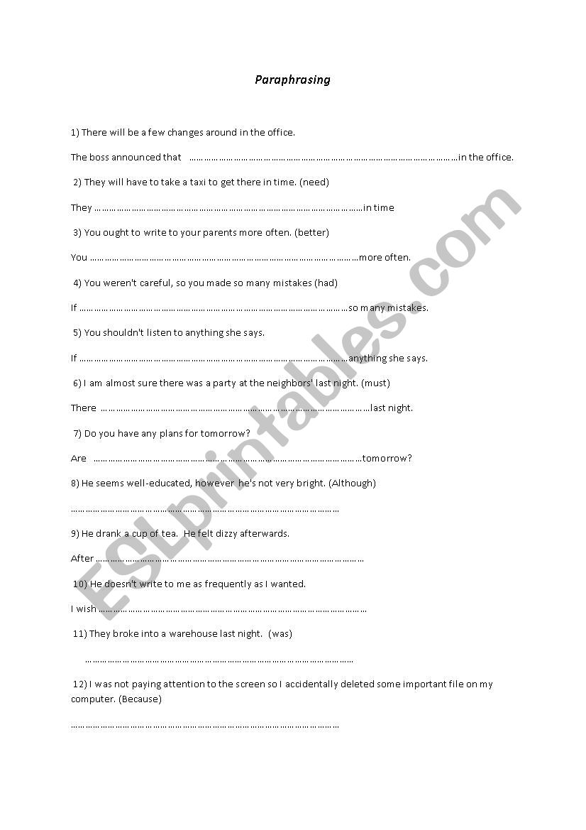 Paraphrasing worksheet