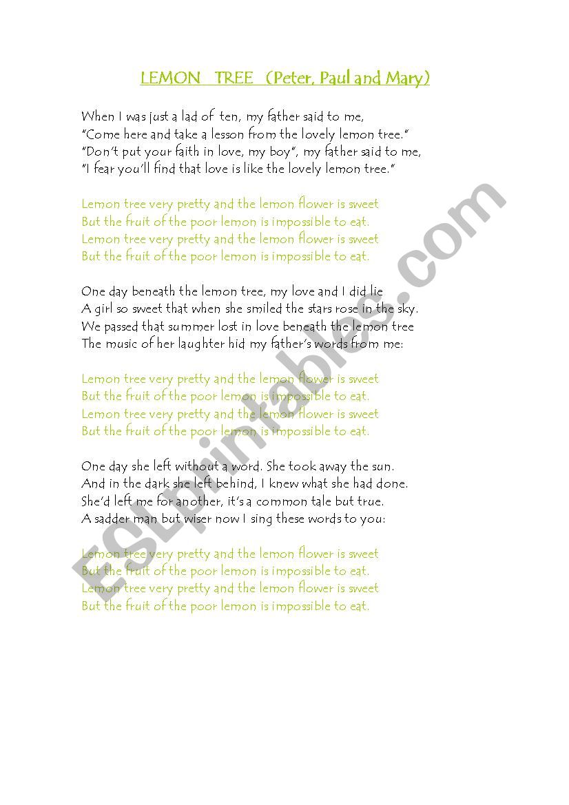 Lemon tree lyrics worksheet