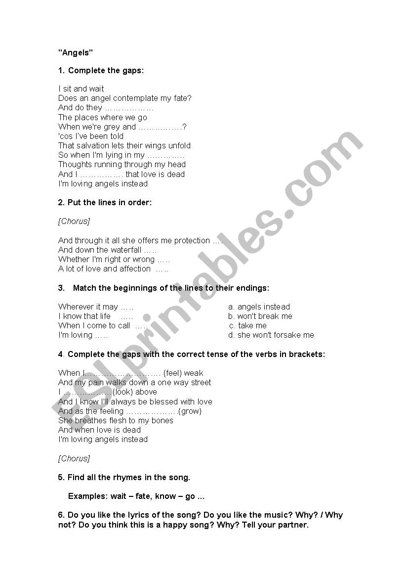 Angels by Robbie Williams worksheet