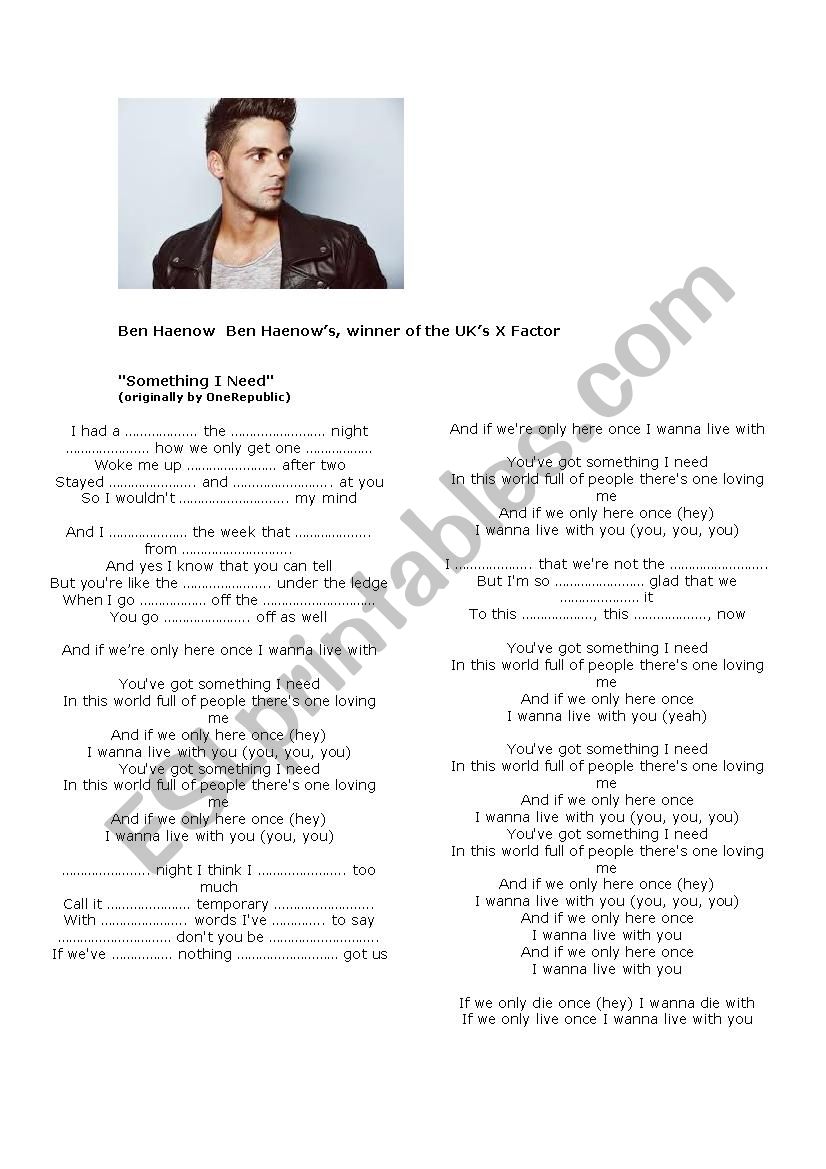 Something I need. Ben Haenow worksheet