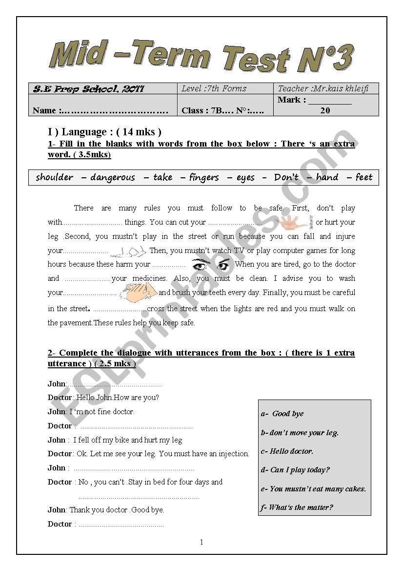 mid term test 3 for 7th form worksheet