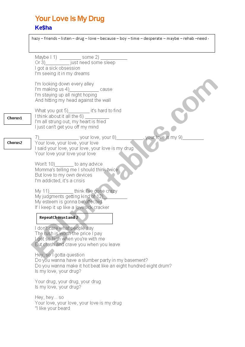 Kesha- Your love is my drug  worksheet