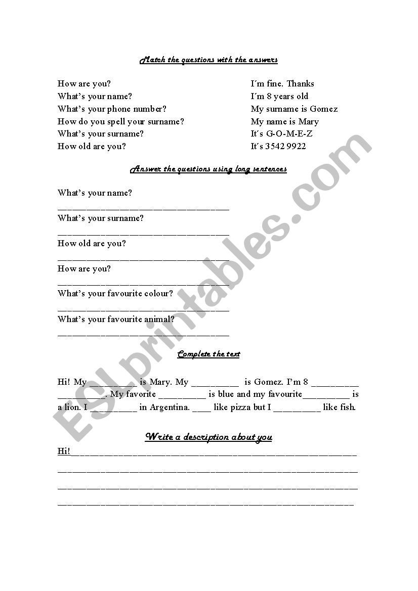 Personal questions worksheet