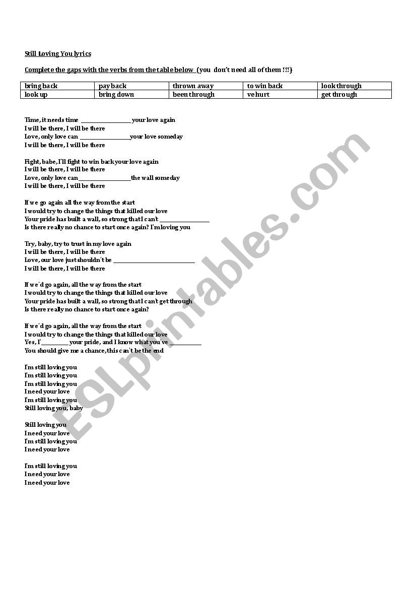 Still loving you  song  worksheet