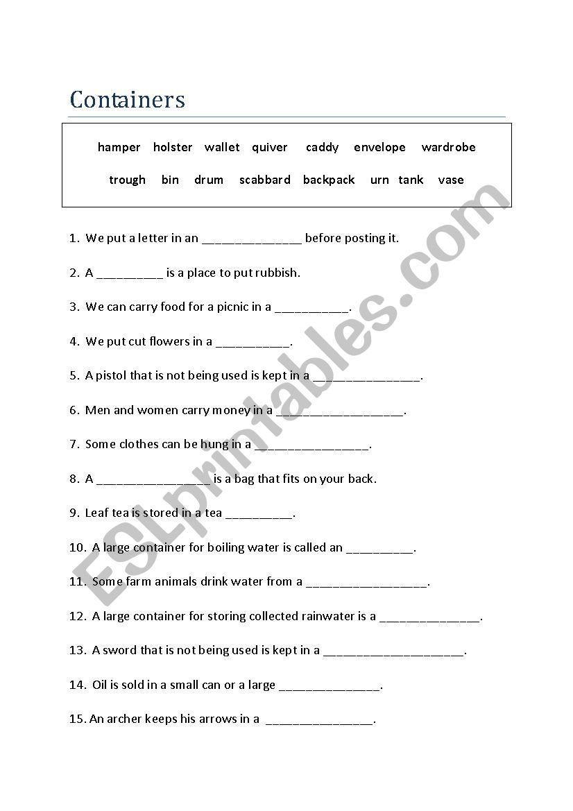 Containers worksheet