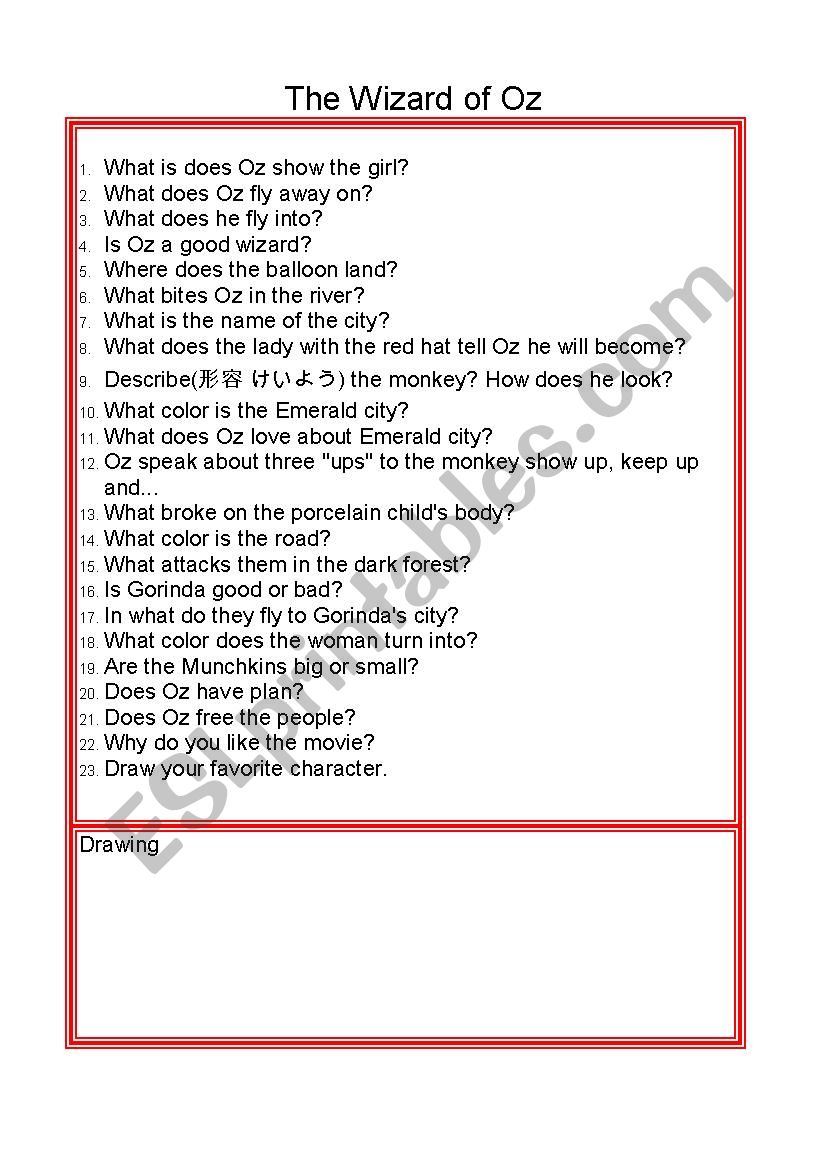 Wizard of Oz Movie Questions worksheet