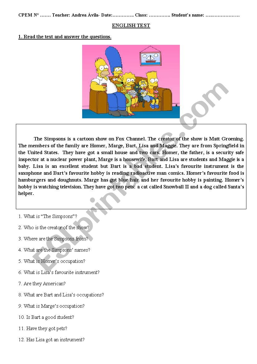 The Simpsons Test worksheet