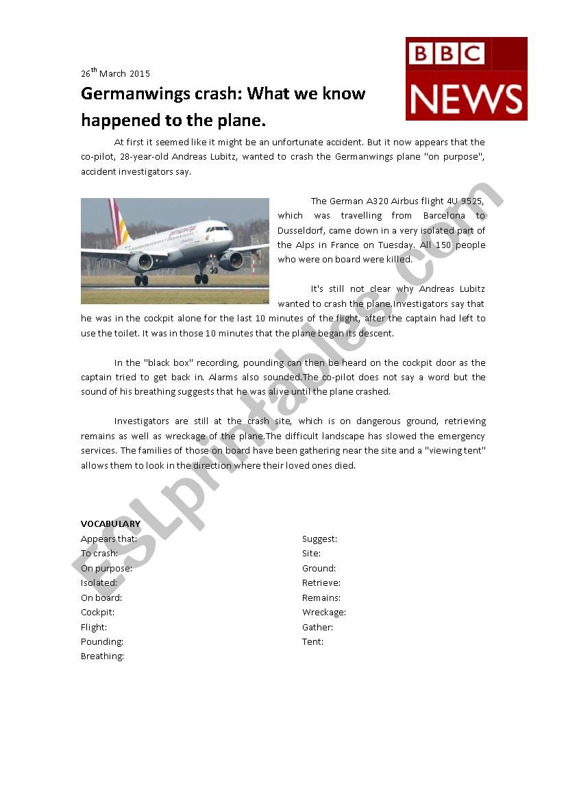 BBC News - Plane Crash worksheet