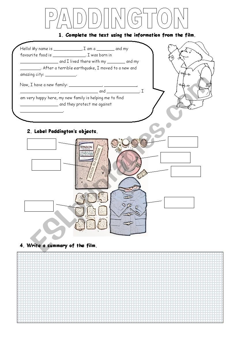 Paddington film worksheet worksheet