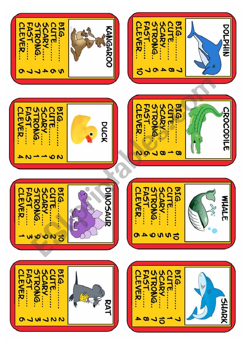 Animal Top Trumps Set 4 of 6, 8 Cards. Simple adjectives. 