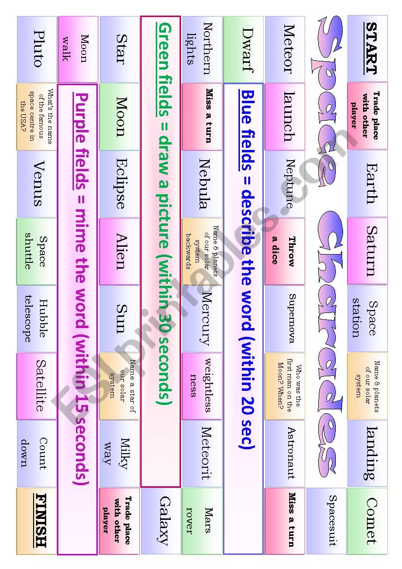 Space charades boardgame worksheet