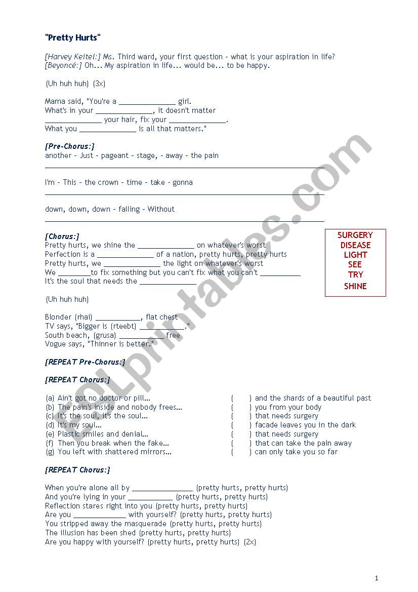 Song Pretty Hurts worksheet