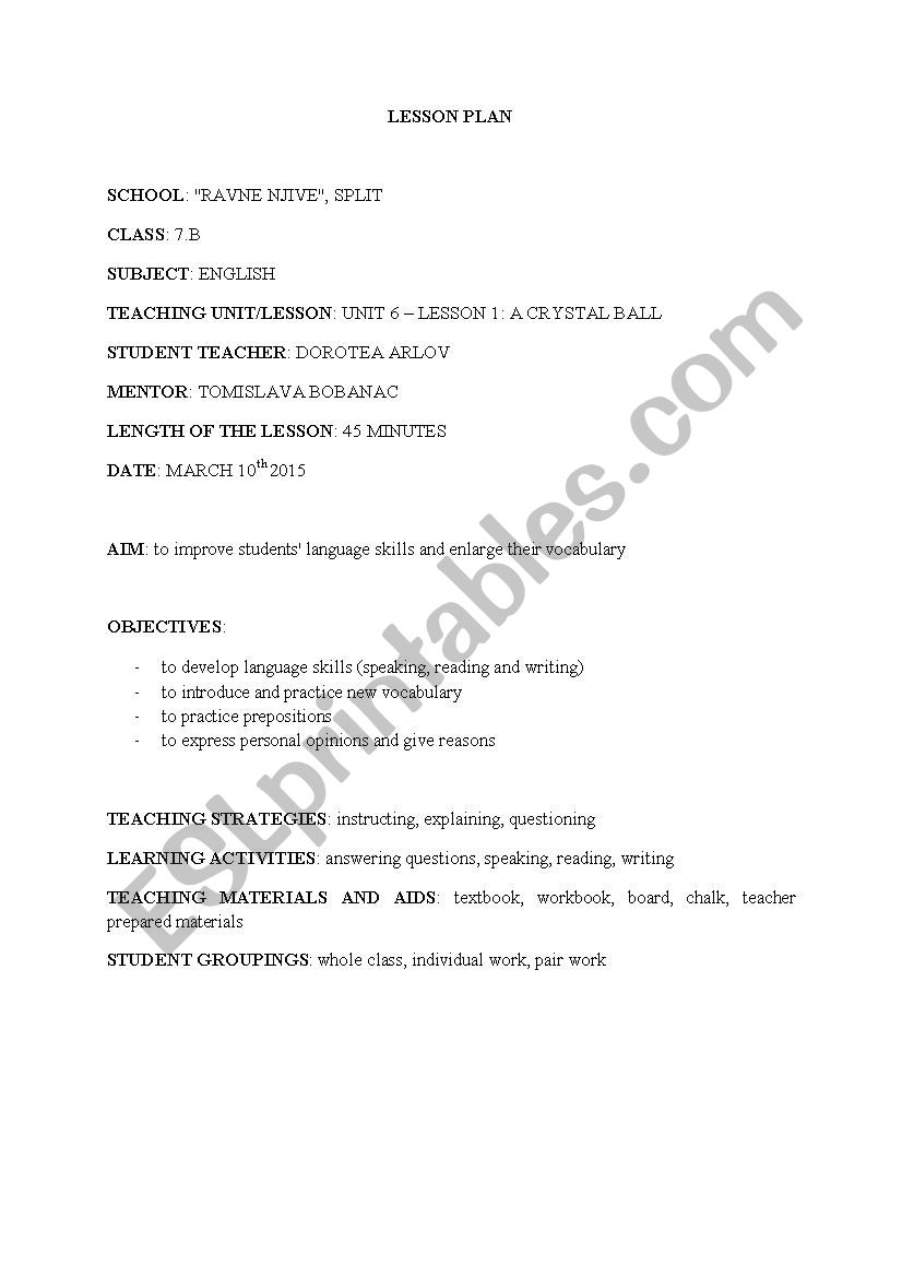Lesson plan - fortune telling worksheet