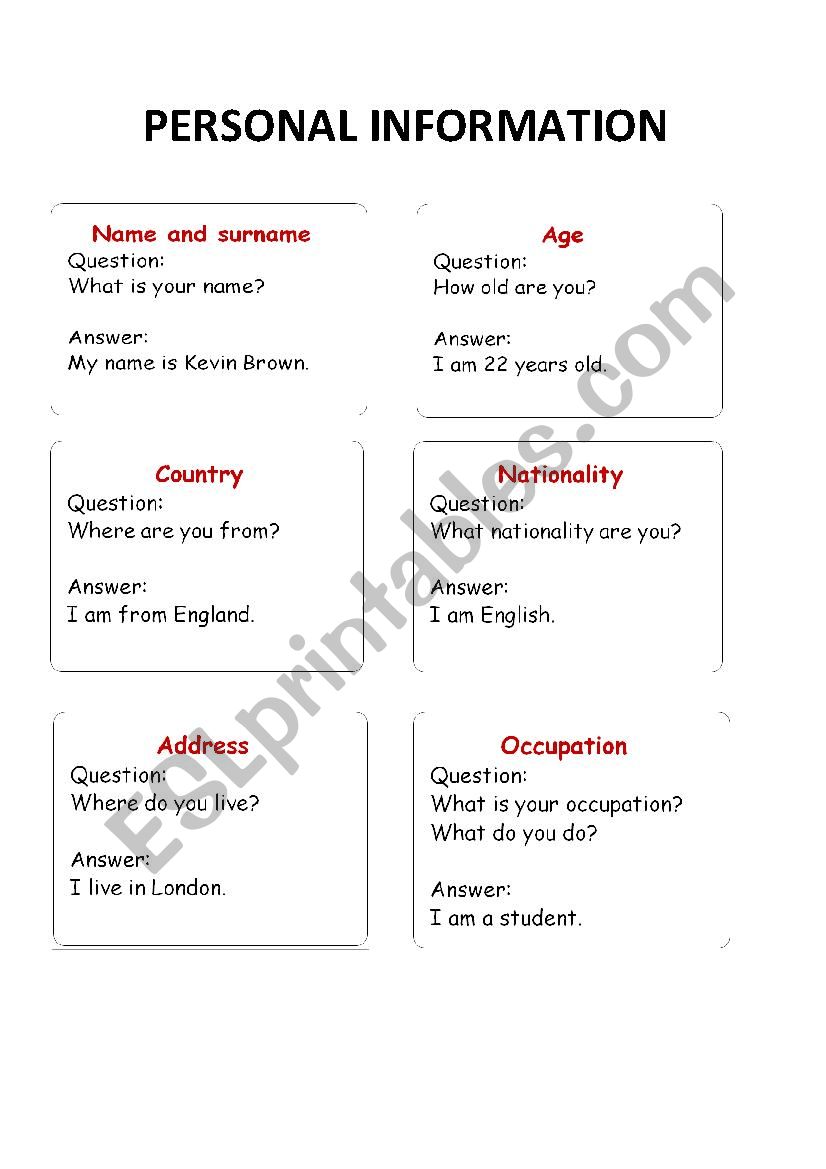 personal information worksheet