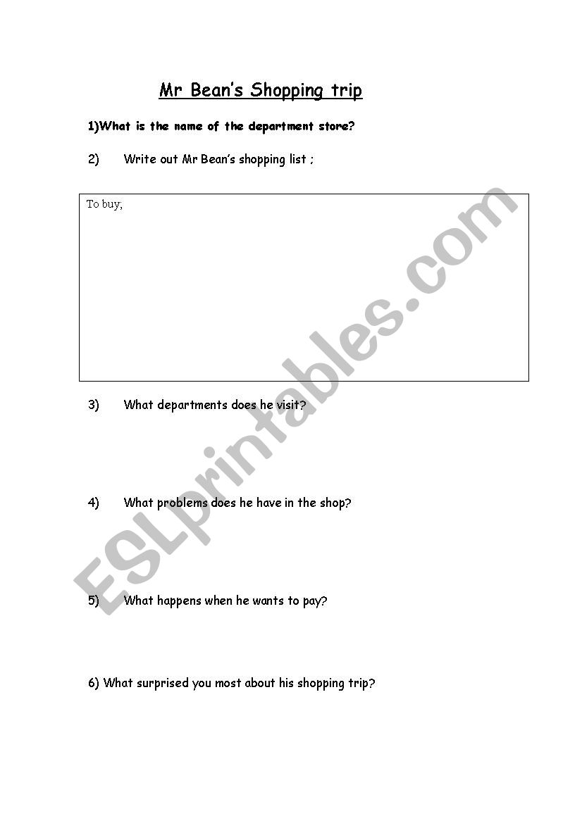 Mr Beans Shopping trip worksheet