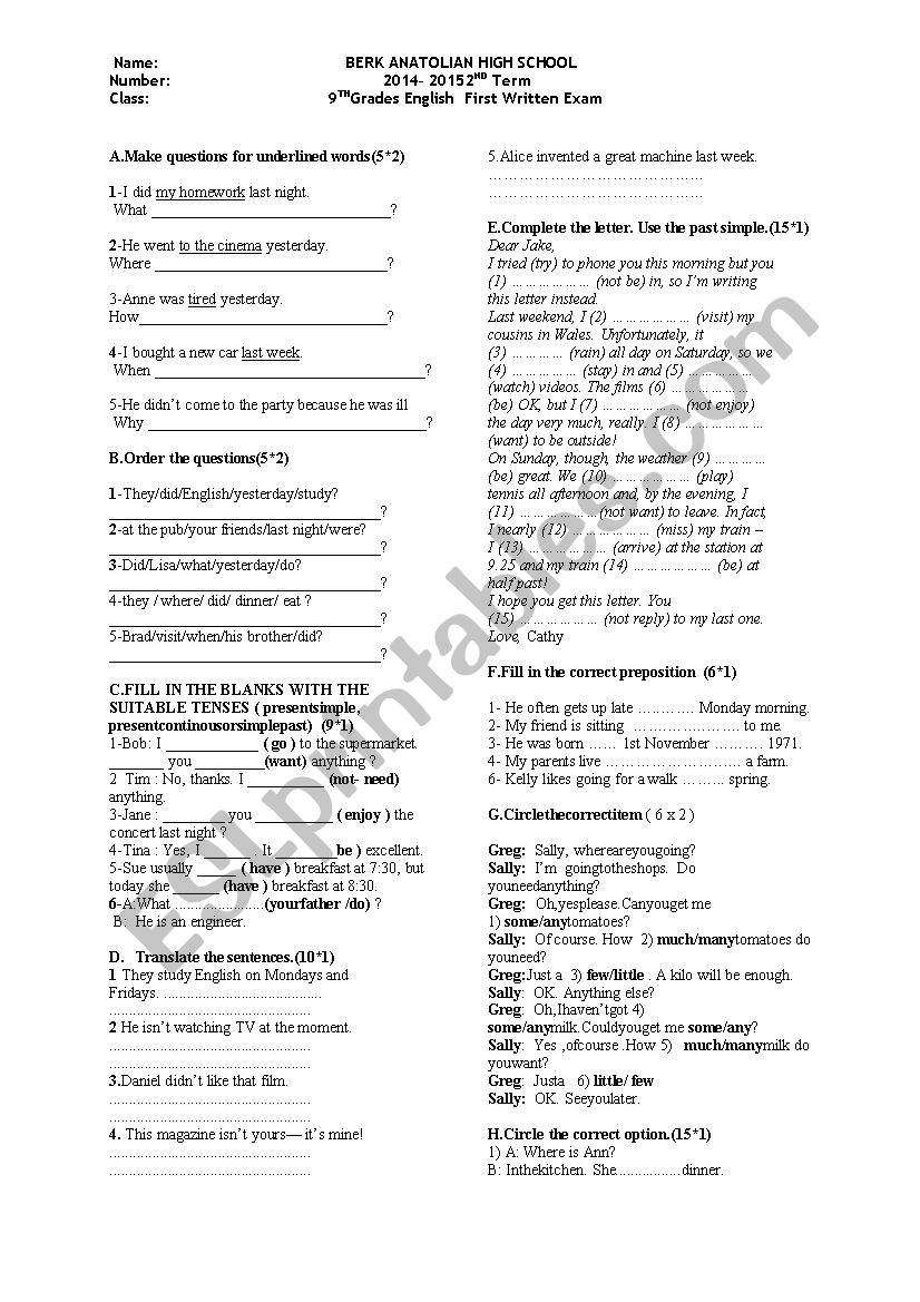 exam worksheet