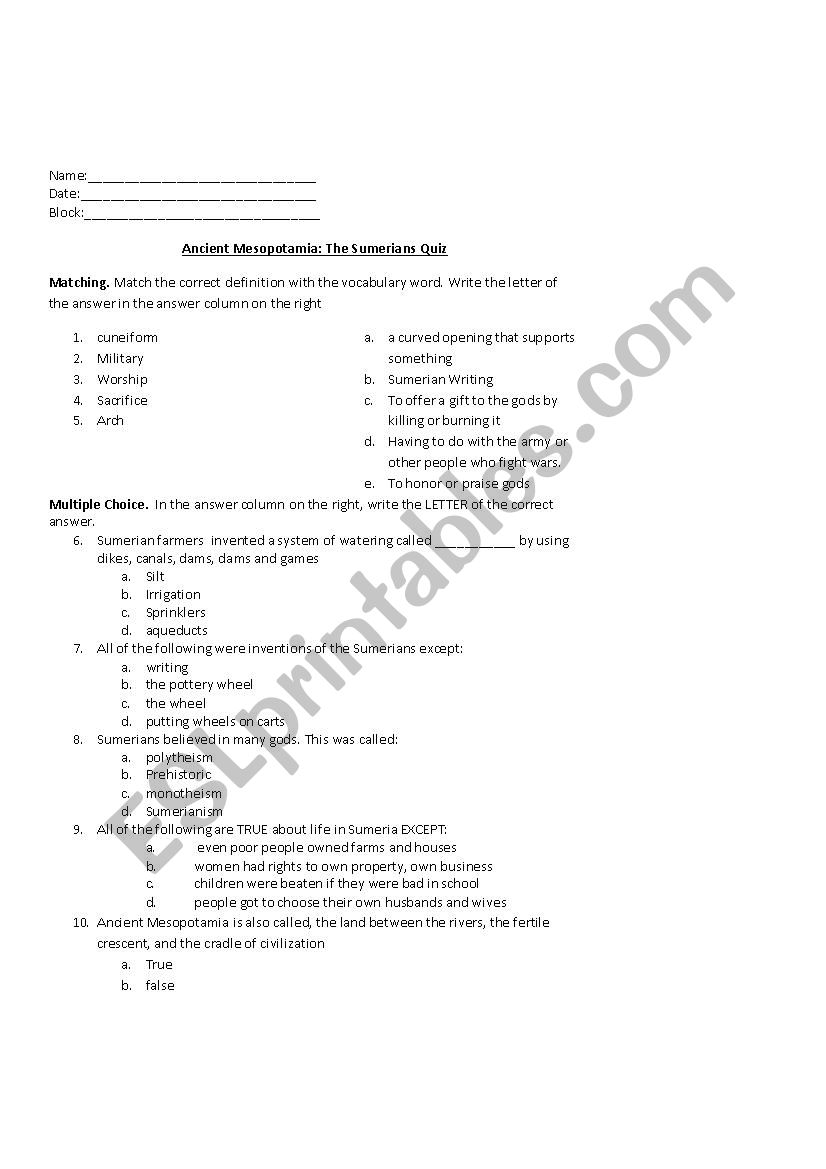 Mesopotamia Quiz worksheet