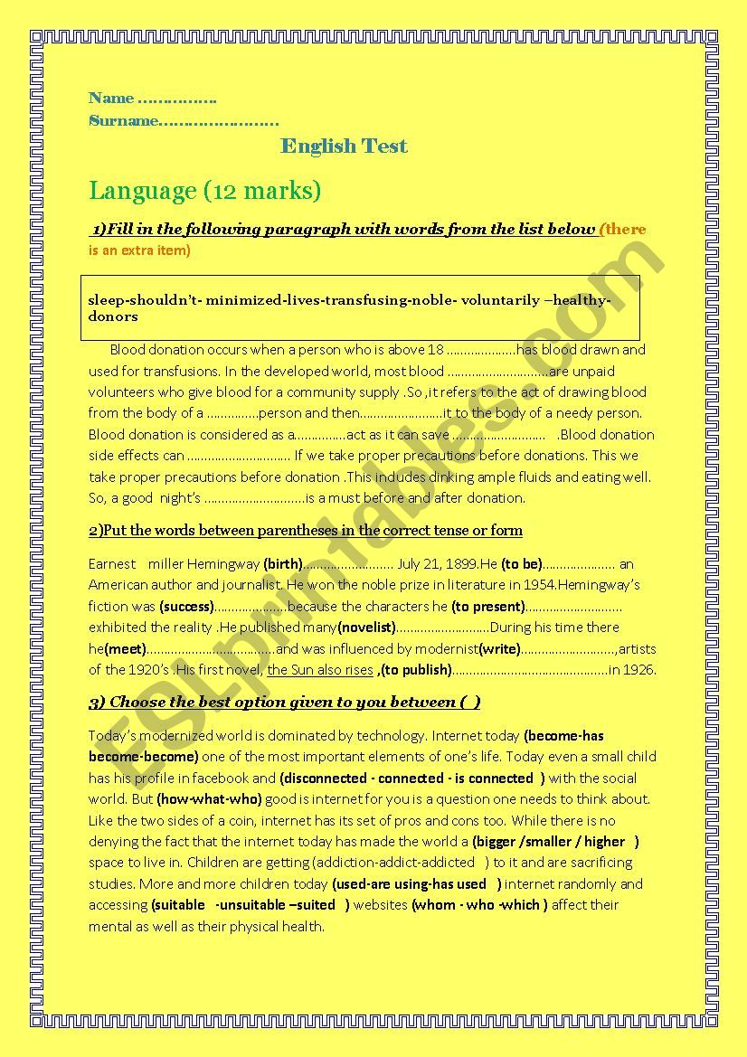 english test worksheet