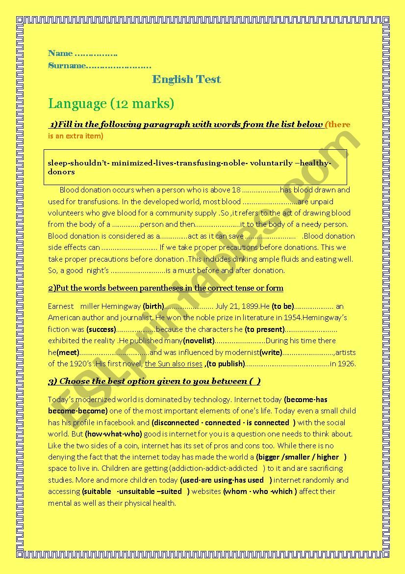 english test worksheet