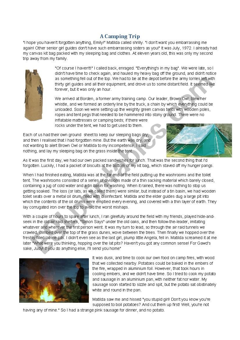 A camping trip worksheet