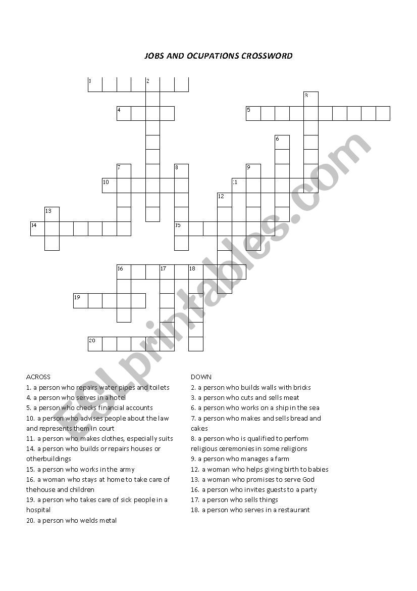 Jobs and ocupations crossword puzzle