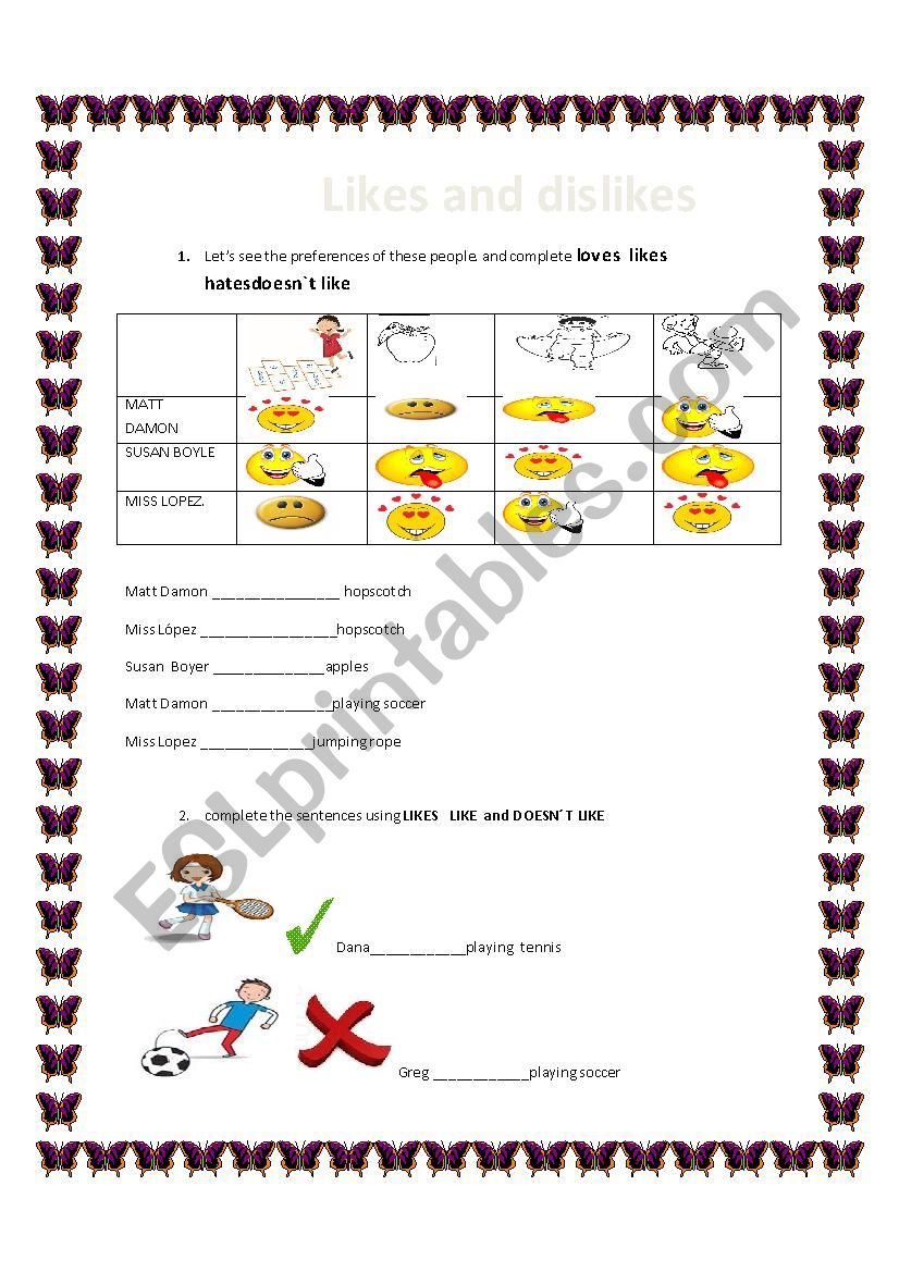 likes and dislikes  worksheet