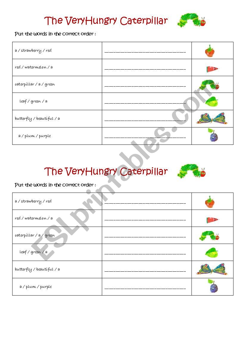 The Very Hungry Caterpillar - word sequencing