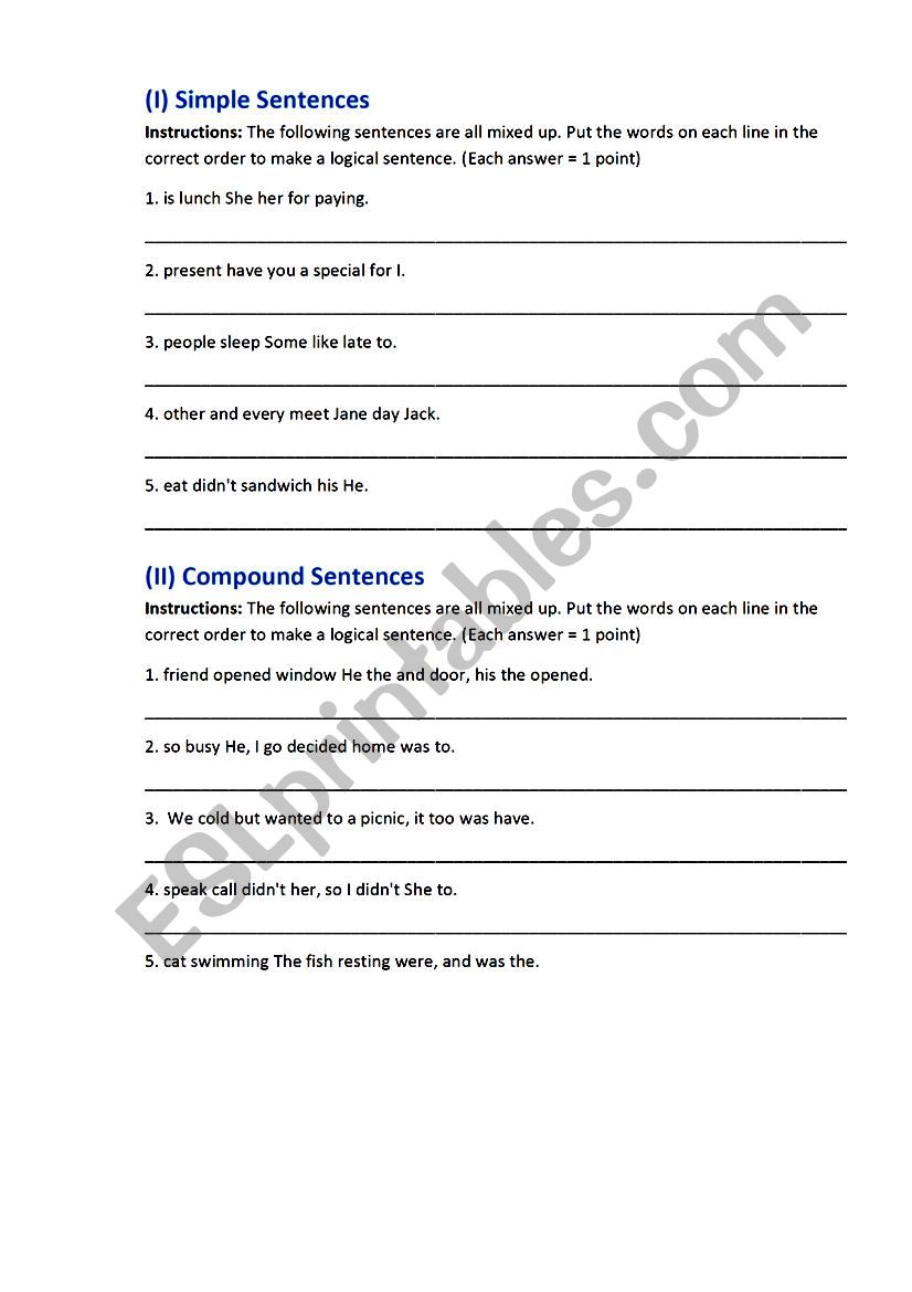 put the words in order worksheet