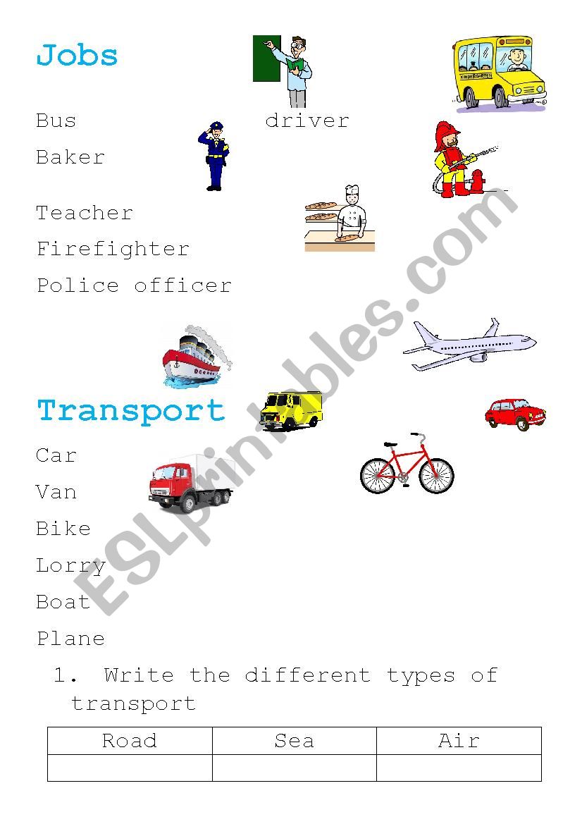 JOBS AND TRANSPORTS worksheet