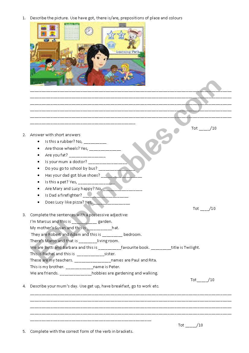 Test on verb to be, simple present, have got and possessive adjectives
