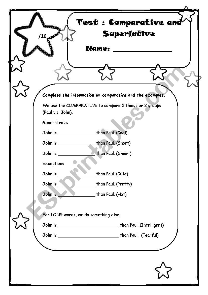 Superlative and Comparative Worksheet or test