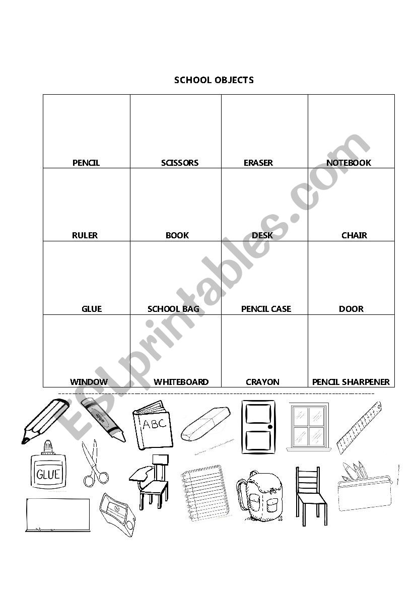 school objects worksheet