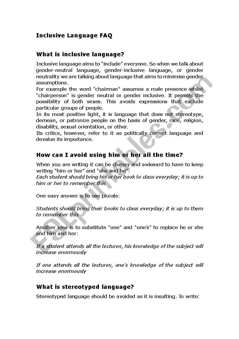 Inclusive language worksheet