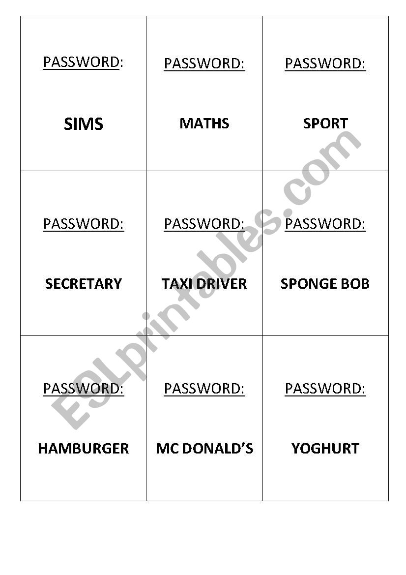 Password 3 worksheet