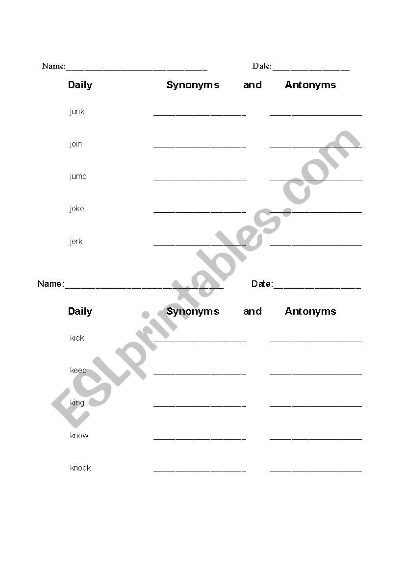 Synonyms and Antonyms 10B worksheet