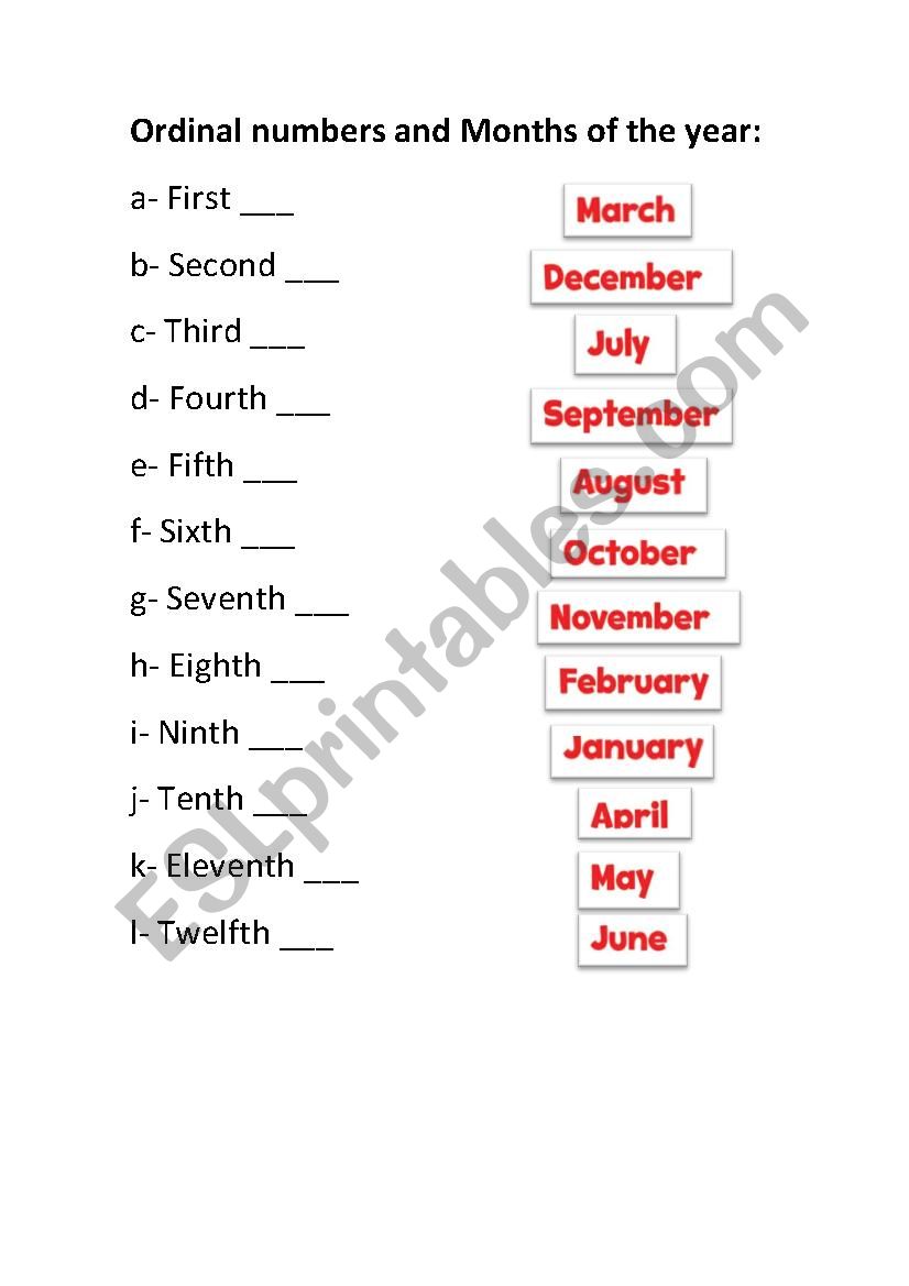 Ordinal numbers activity worksheet