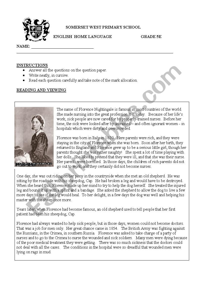 Florence Nightingale worksheet