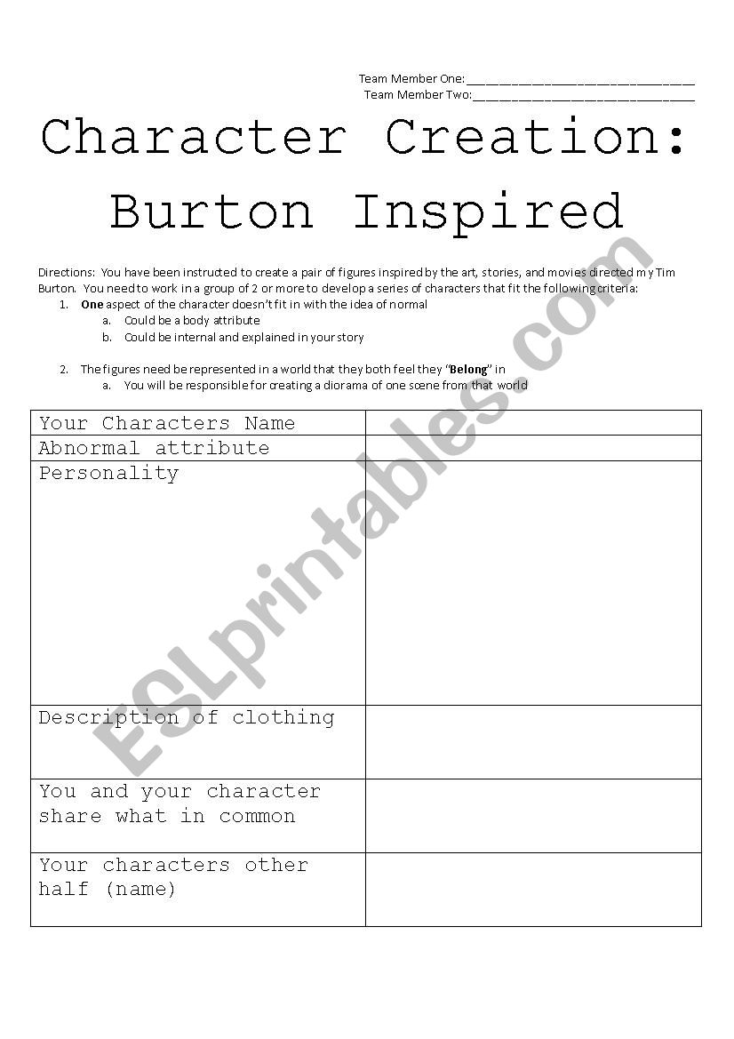 Tim Burton Character Creation worksheet