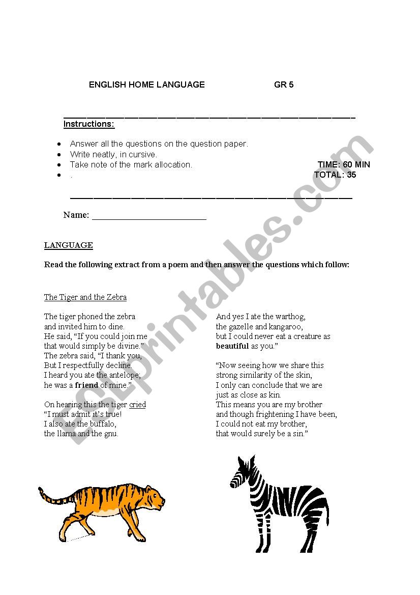 Tiger and Zebra grammar test worksheet