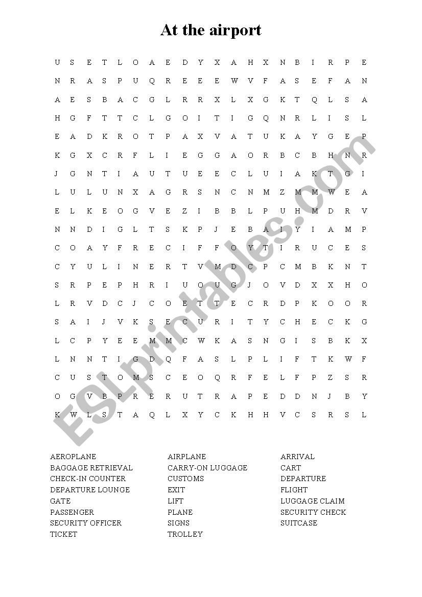 At the airport wordsearch worksheet